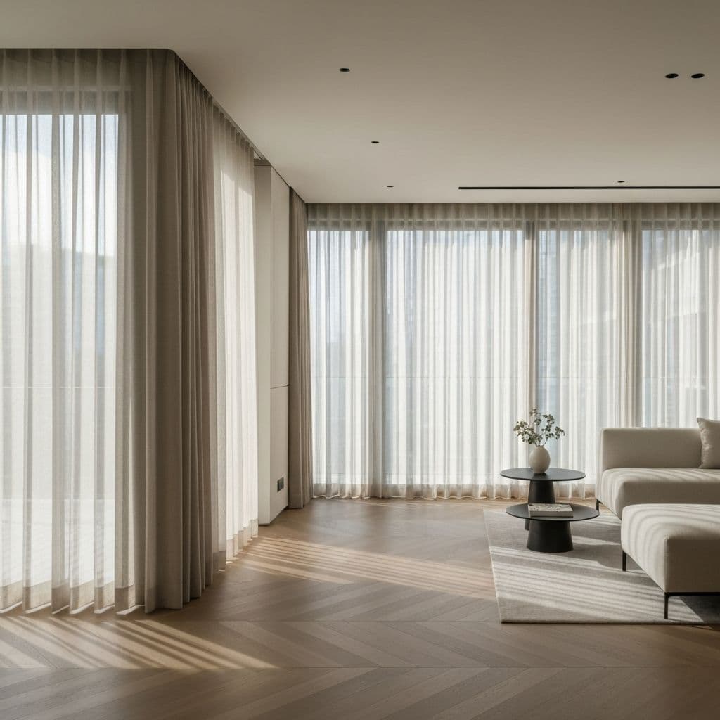 Custom Singapore pleat curtains installed in modern condominium living room