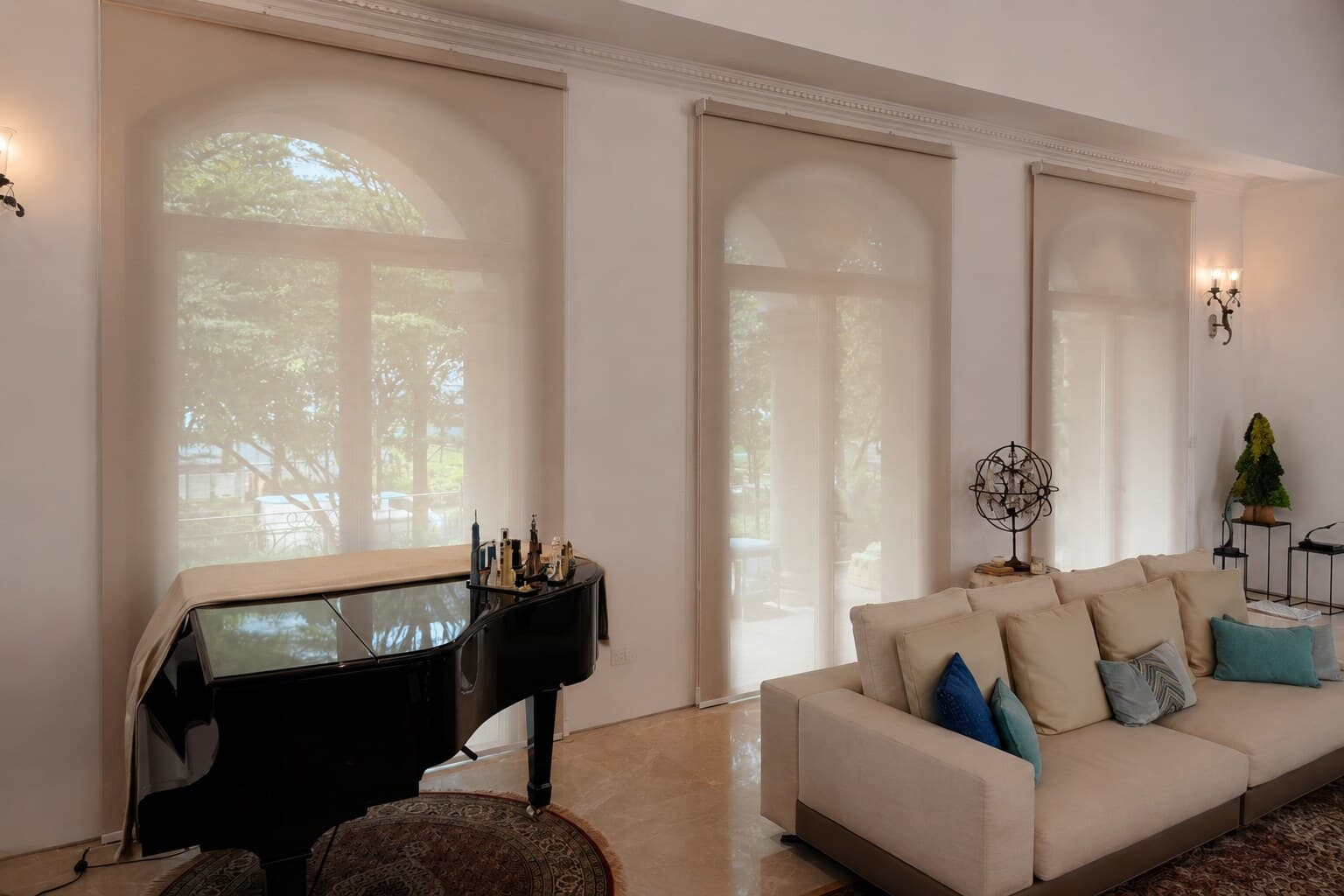 Landed home living area with custom blinds