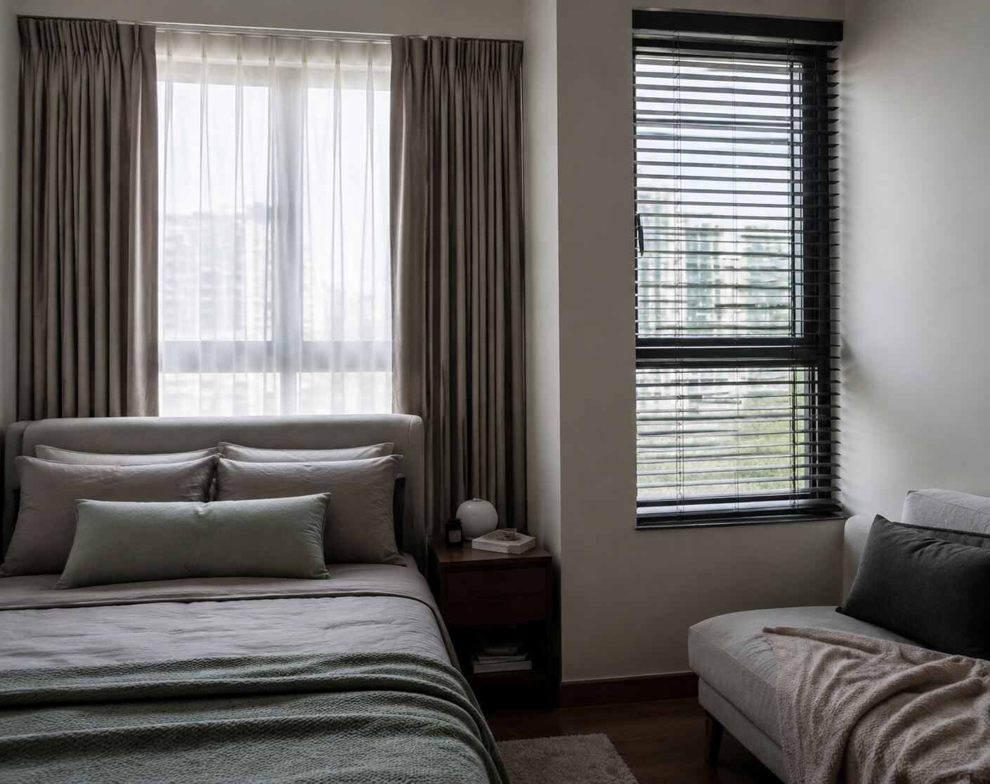 Condominium study with full-height curtains