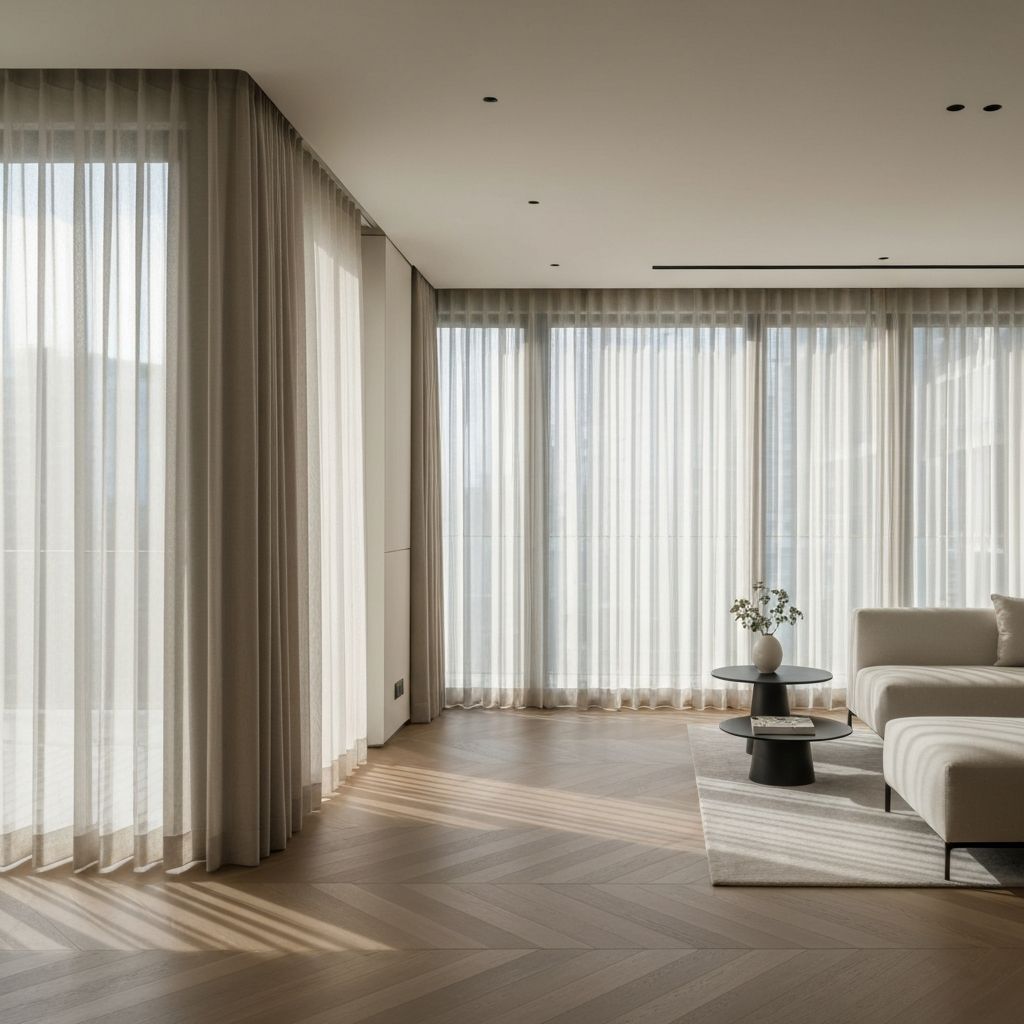 Custom Singapore pleat curtains installed in modern condominium living room