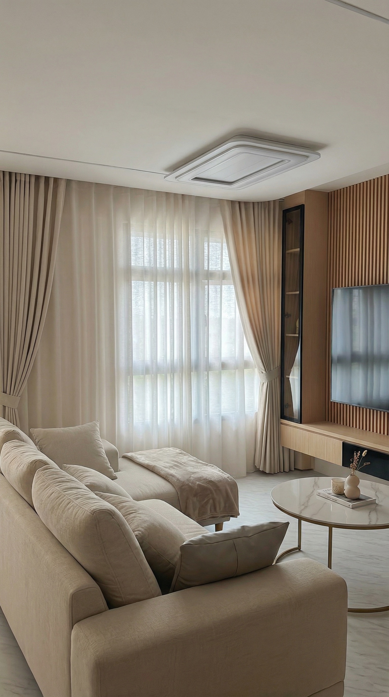 Luxury Singapore condo living room with Singapore pleat curtains and skyline view