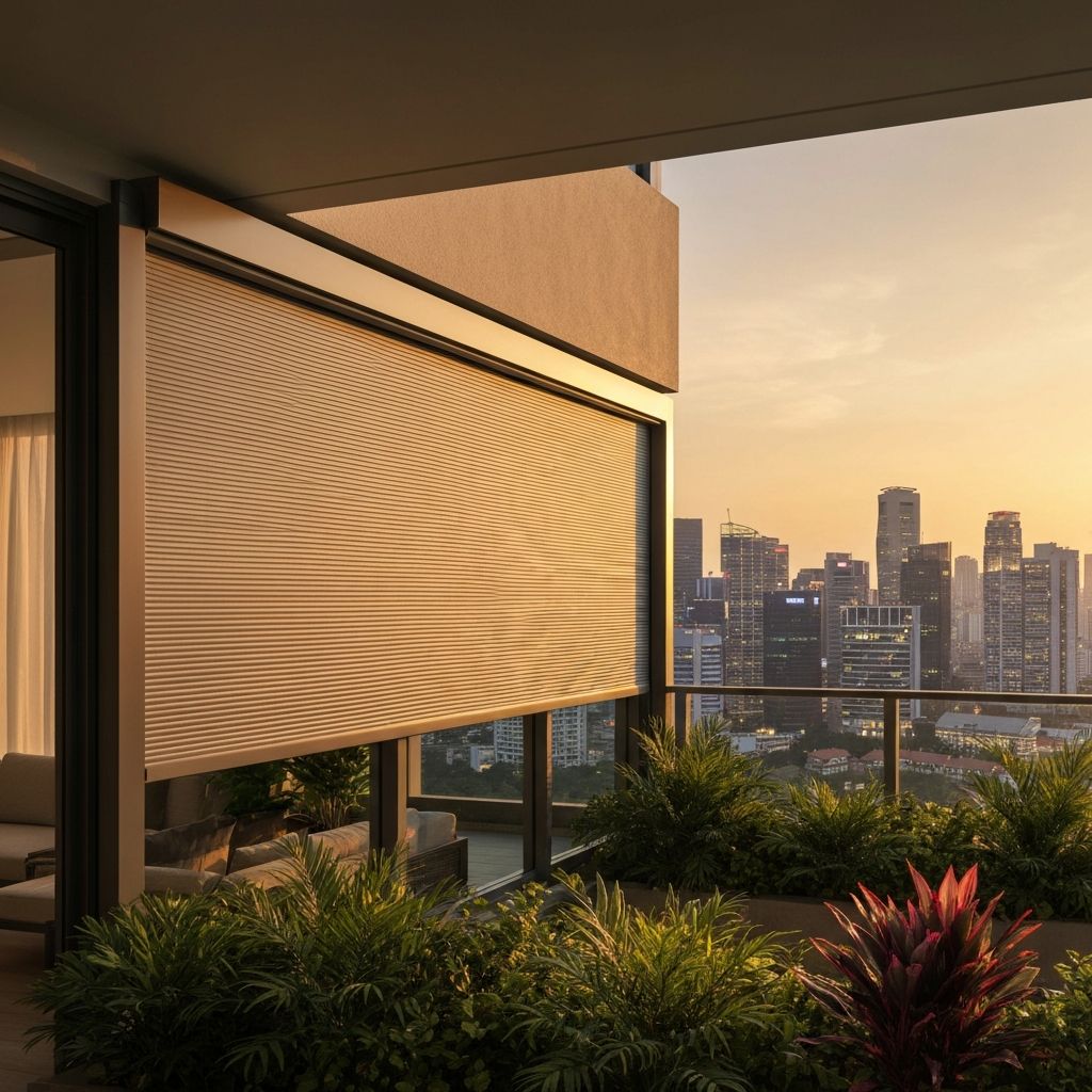 Outdoor blinds installed on a Singapore balcony