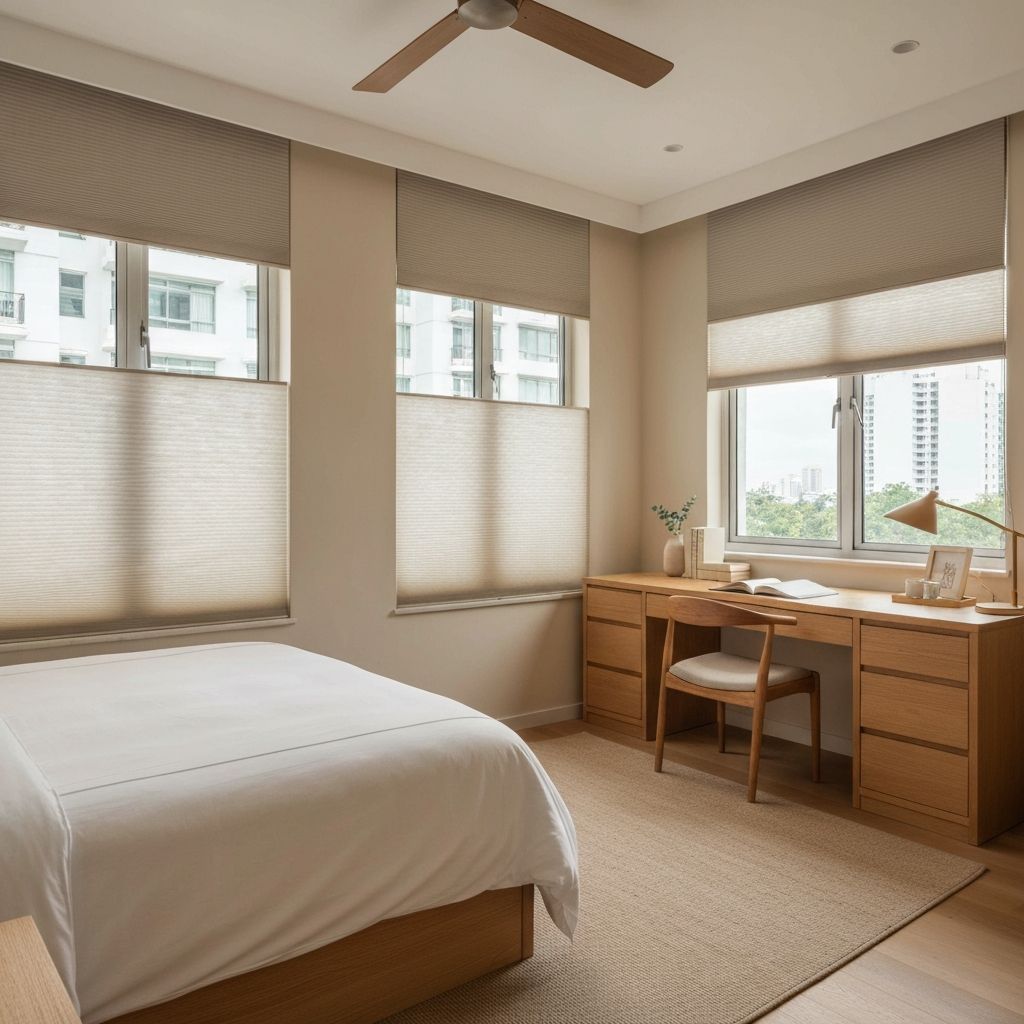 Honeycomb blinds creating a soft and comfortable bedroom environment