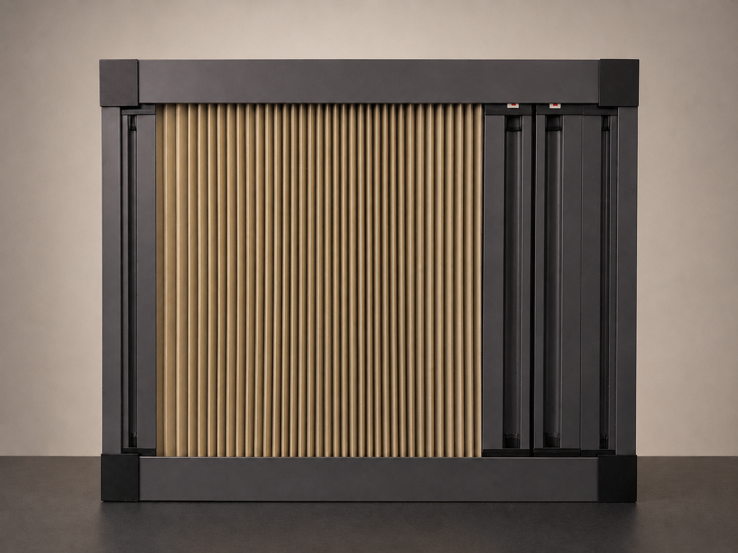 Close-up of the pleated blackout layer and slim frame of the 2-in-1 Mesh & Blind