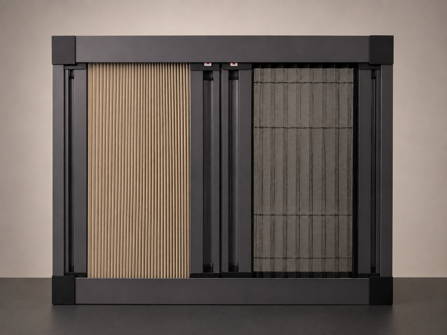 The 2-in-1 Mesh & Blind showing the pleated blackout panel and insect mesh in one slim frame