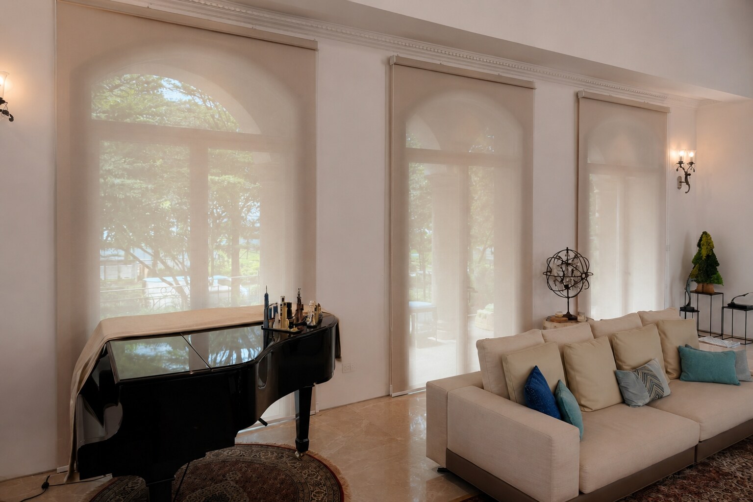 Landed home living area with custom blinds