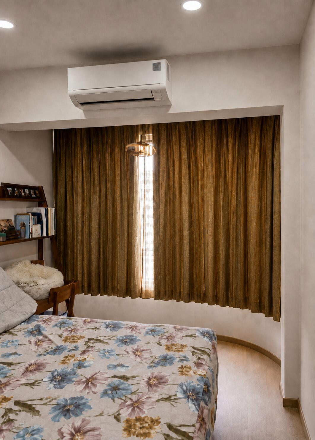 Condominium bedroom with textured night curtains