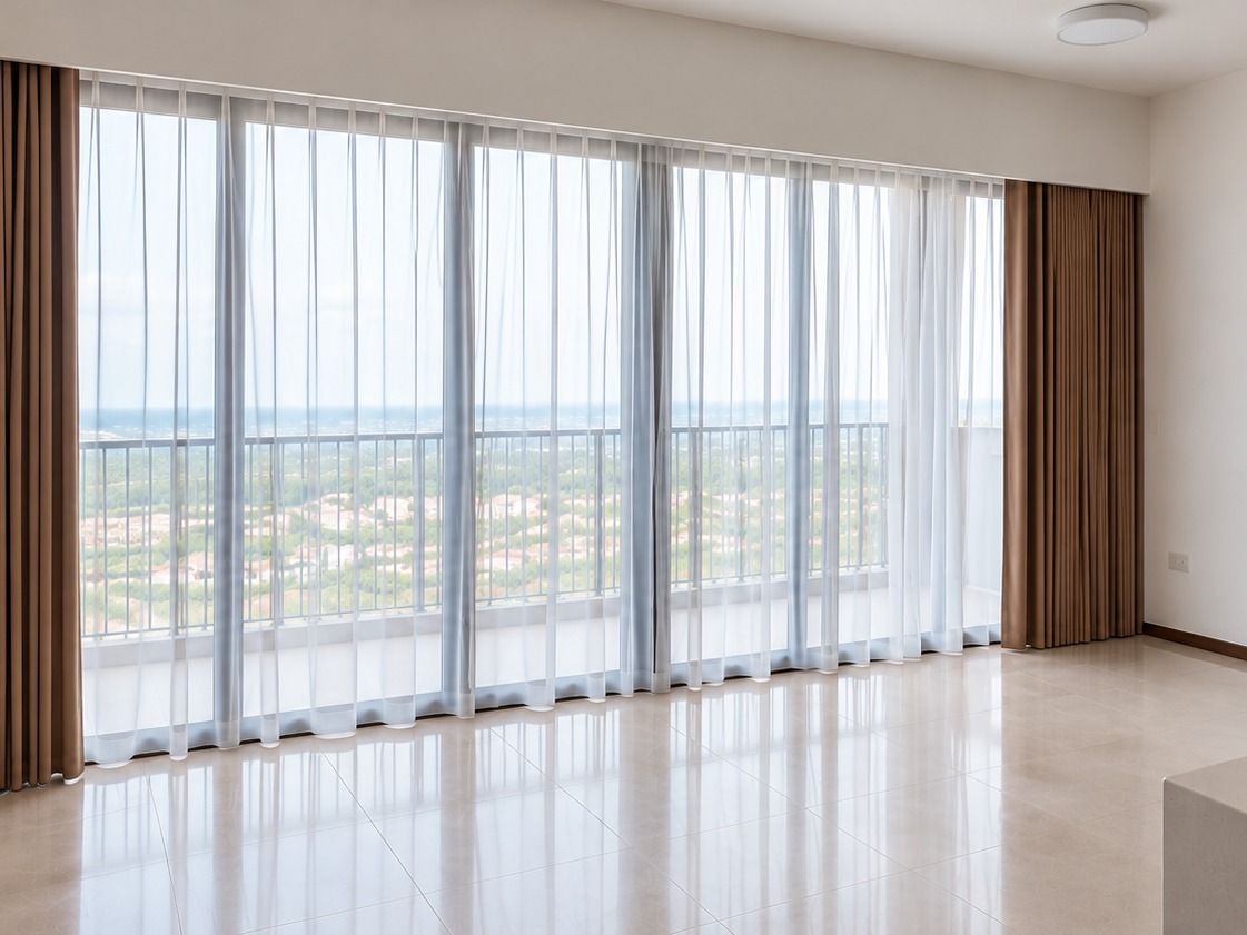 Lentor Modern condominium living room with full-height curtains