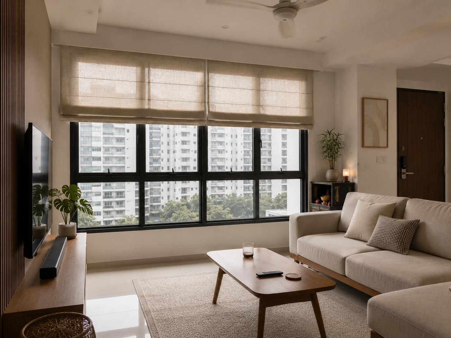Roman blinds adding warmth and soft structure to a modern Singapore living space