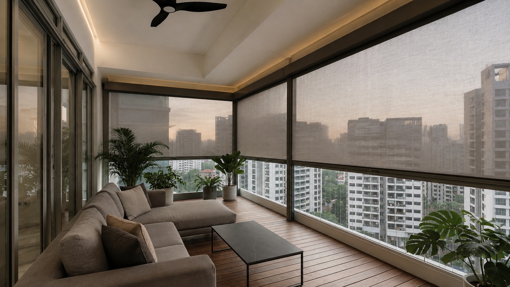 Outdoor zip blinds and roller shading system installed at balcony